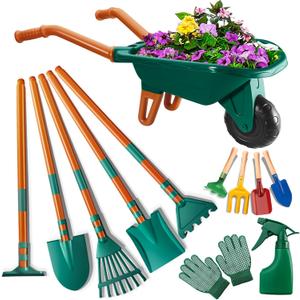 Kids Gardening Set-Kids Gardening Tools Wheelbarrow Set with Shovel, Leaf Rake, Gloves, Spray Bottle-Toddler Gardening Set Play Outdoor Educational STEM Learning for Boys Girls Age 3+ (12pcs-green)