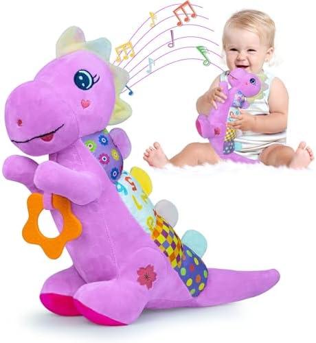 Pack of 2 Baby Dino Musical Stuffed Animal Toys for 0-3-6-9-12 Months, Infant Dinosaur Tummy Time Toys with Crinkle Sound Paper, Teether, Textures & Rattles for Newborn Boys Girls Birthday Gifts, Purple
