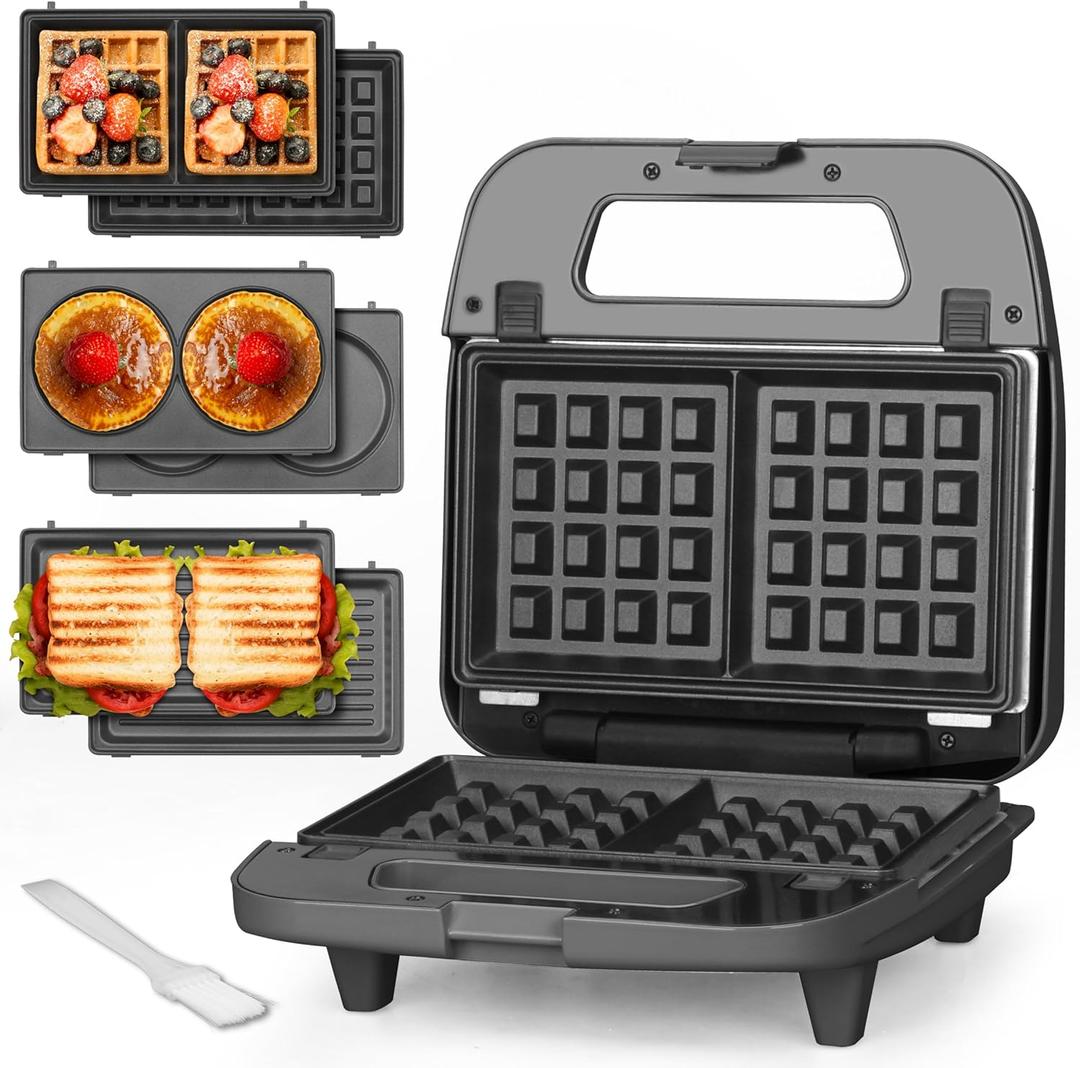 Bakers Friend 3 in 1 Mini Waffle Maker with Removable Plates, Dual Waffle & Pancake and Grill Plates, Breakfast Sandwich Maker Press, Dishwasher Safe, Non-stick Coating, Graphite