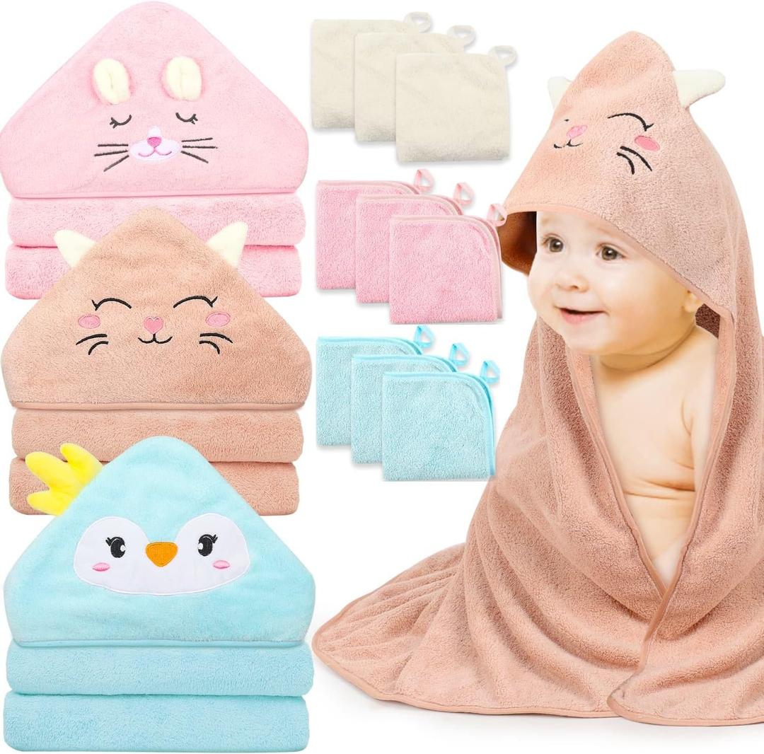 12 PCS Hooded Baby Towels, Soft Baby Towels, Absorbent Baby Bath Towels, 3 PCS Baby Towels, and 9 PCS Baby Washcloths for Newborns, Toddlers, and Kids, 32x32 in Baby Towels with Hood for Boy and Girl