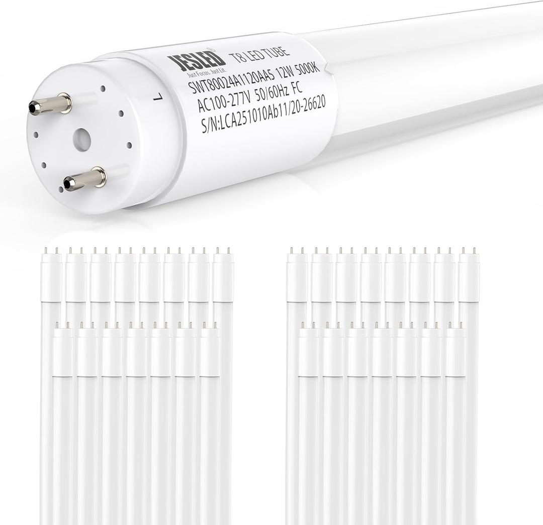 JESLED T8 LED Bulbs 4FT 12W 5000K, Type B Ballast Bypass, 2200LM, ETL | Designed to replace 40W fluorescent bulbs. Ballast bypass installation required. Single or double end powered, 30 Pack