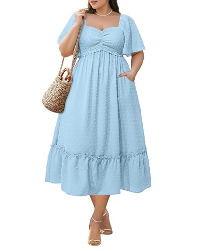 Women Plus Size Light Blue Dress Easter Maxi Summer Swiss Dot Ruffle Short Sleeve Smocked Pocket Tiered Aline Long Dress 18W
