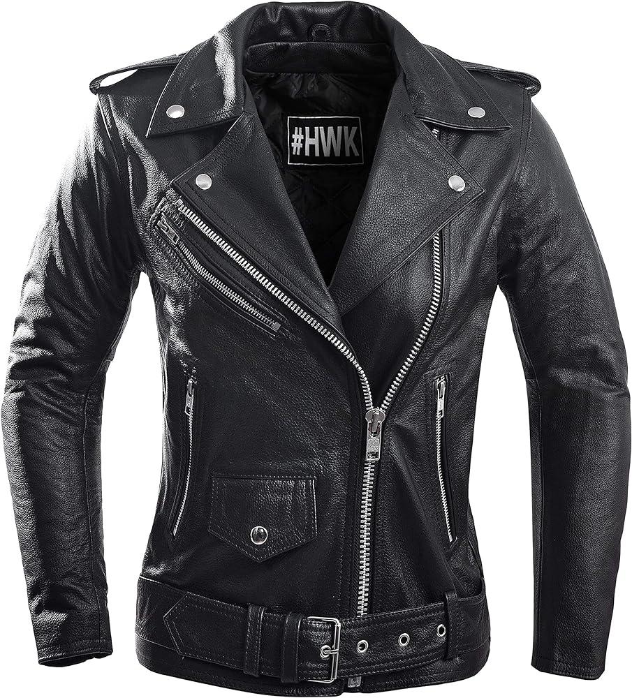 HWK Brando Leather Motorcycle Jacket for Women, Genuine Leather Jacket for Weather & Water Resistant Motorbike Riding, 4XL
