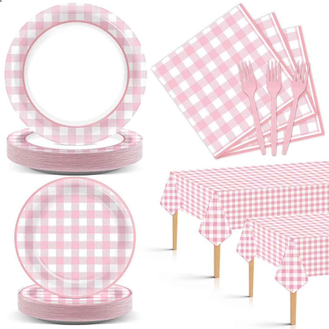 98 Pieces Pink checkered Party Supplies for 24 Guests Pink and White Checkered Tableware Set Plaid Plates Napkins Tablecloth Party Decorations for Birthday Barbecue Picnic Dinner Favors