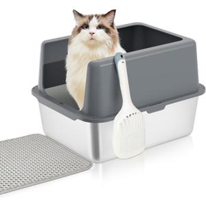Stainless Steel Cat Litter Box, Covered Metal Litter Tray, Cat Litter Pans with High Sides, Kitty Litter Box for Small and Medium Cats (Non Sticky, Anti-Urine Leakage) 17.5" L x 13.5" W x 6" H