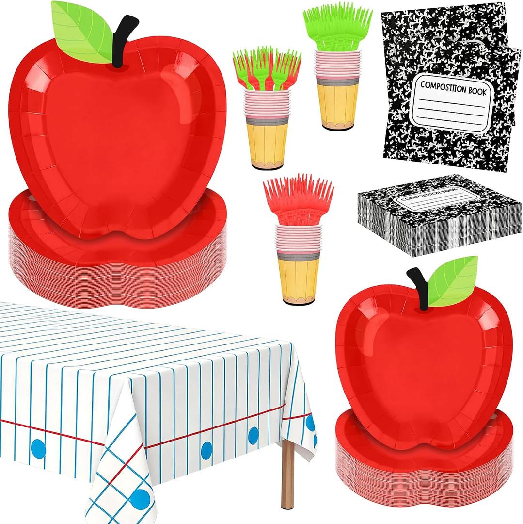 151 Pcs Back to School Party Supplies for 30 Guests, Apple Paper Plates Pencil Cups Composition Book Napkins Forks & Tablecloth, First Day of School Classroom Decorations