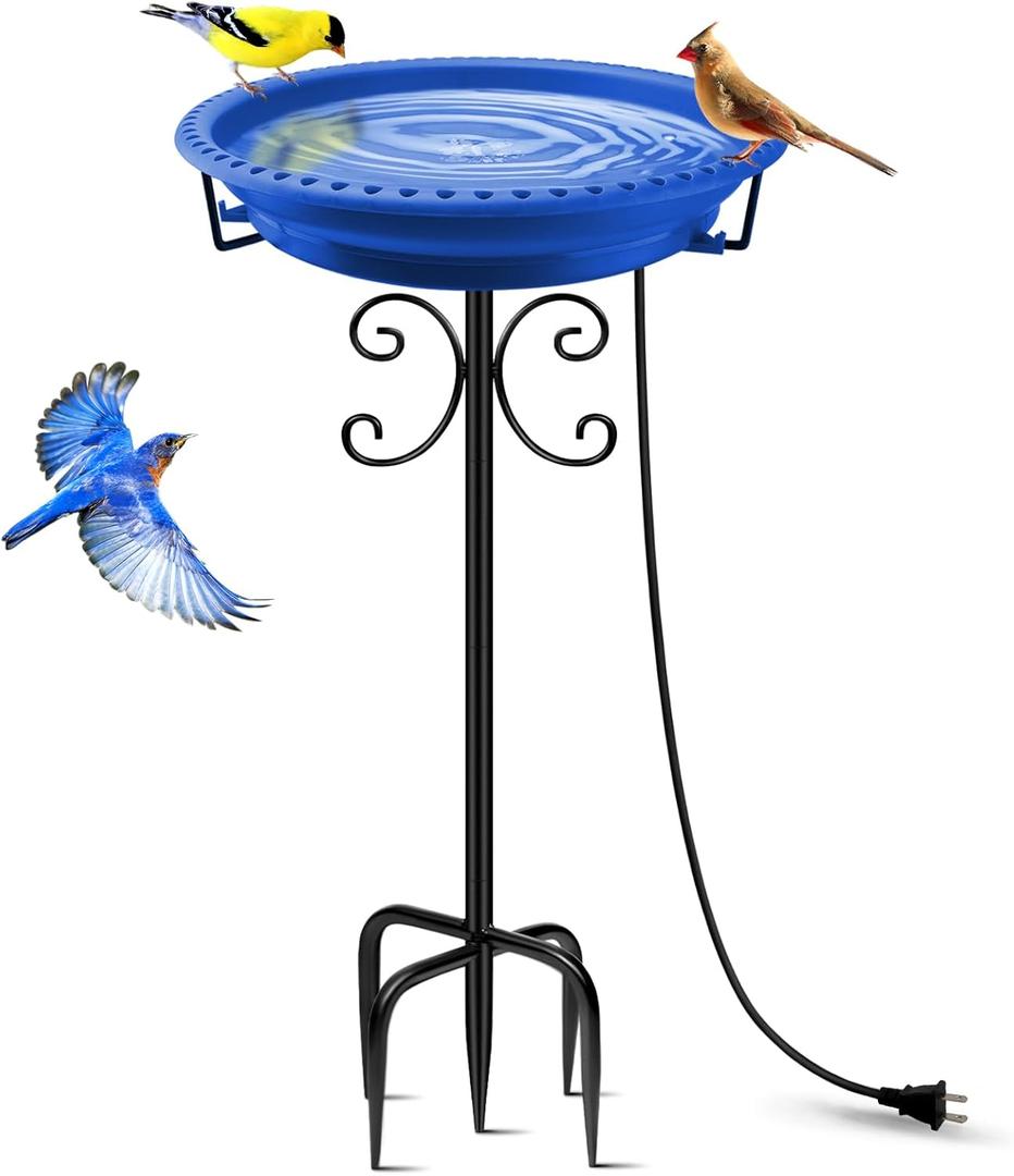 Daoeny Heated Bird Bath for Winter, Upgraded 100W Heated Bird Baths for Outdoors Thermostat Control with 5Prong Metal Base, Heated Bird Bath for Outside Winter Garden Patio Yard Lawn (Blue)