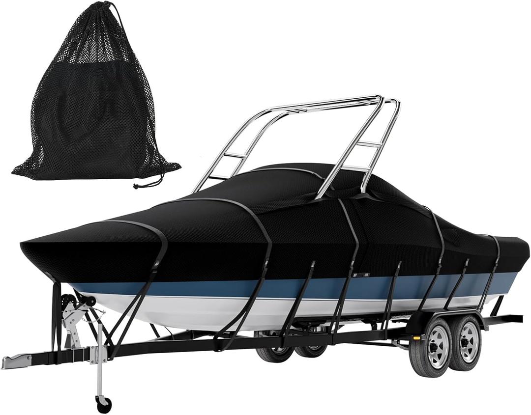Tuszom 900D Solution Dyed 100% Waterproof Ski & Wakeboard Tower Boat Cover with 11+6 PCS Windproof Straps Fit V-Hull Runabouts OutBoards and I/O (Black, 20'-22'L, Beam Width to 106" W)