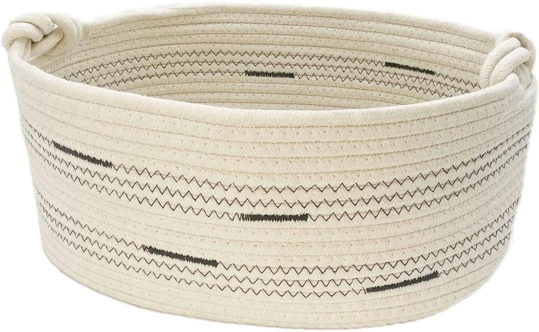 Fhiny Cotton Rope Dog Toy Basket with Handle Puppy Toys Storage Bin Small Woven Rectangle Diapers Pet Kitty Bed Perfect for Carry Pet Chew Toys Blankets Leashes Doggie Stuff - Beige M (B-M:15.7"11.4"7")