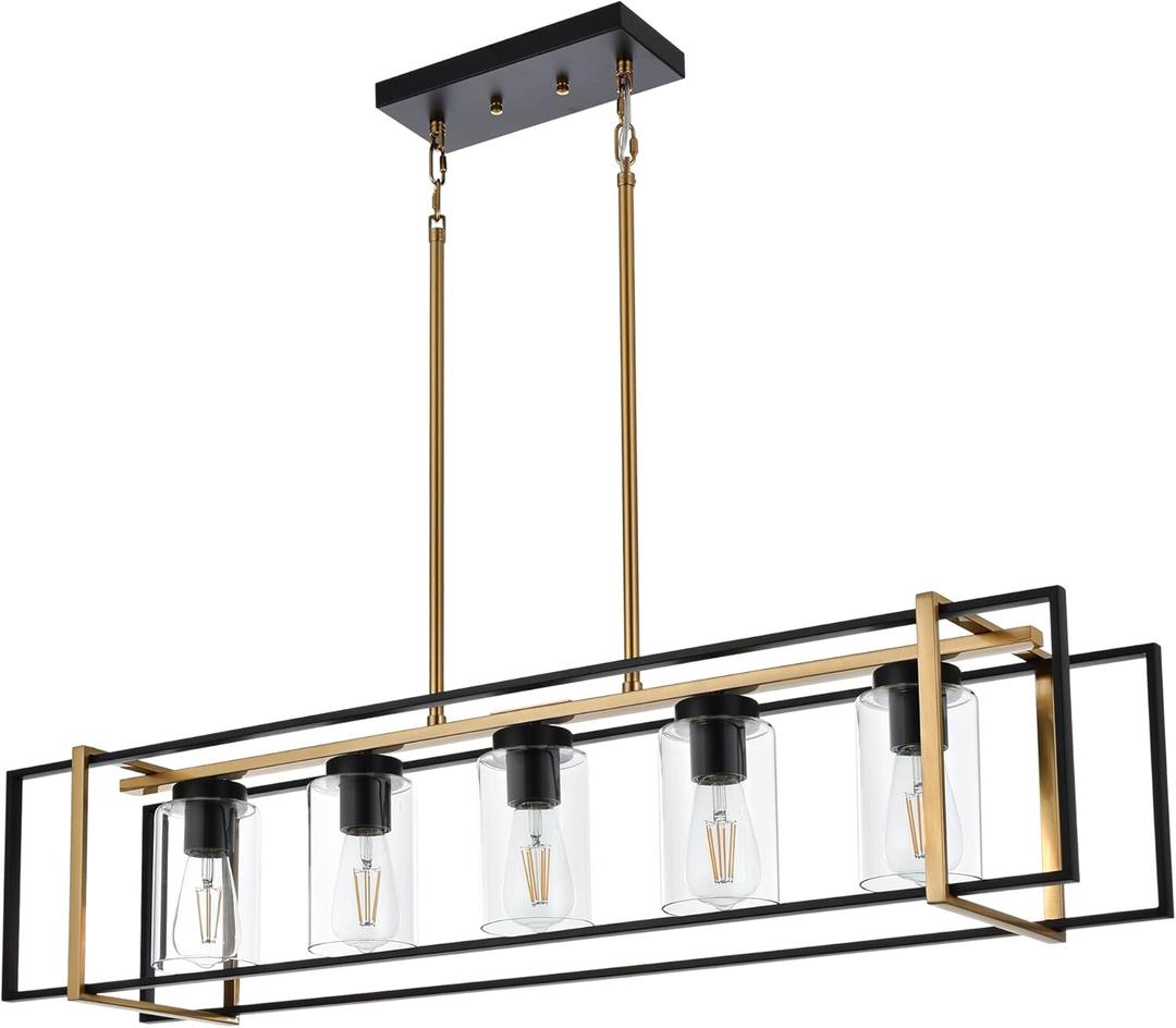 MELUCEE Large Pendant Lights Kitchen Island 5 Lights Dining Room Light Fixture Farmhouse Rectangular Chandelier Black and Brass Finish with Clear Glass Shade, Adjustable Height (41 Inches)