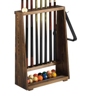 MyGift Freestanding Billiards Storage Rack, Vintage Solid Wood Floor Standing Pool Cue Holder, Ball Storage, Triangle Rack Hanging Hook
