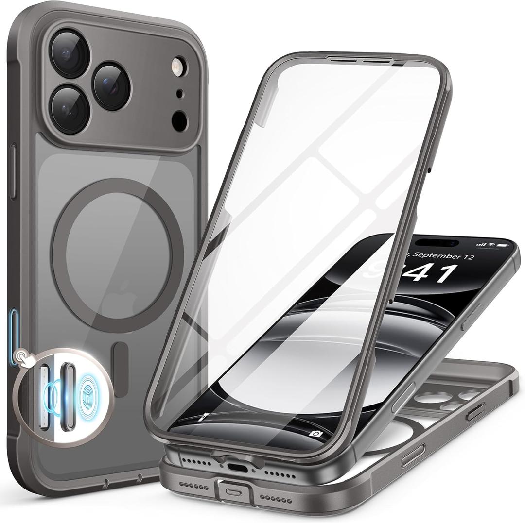 BERFY for iPhone 17 Pro Case, Compatible with MagSafe, Built-in Glass Screen Protector, Camera Protection, Shockproof Full Body Phone case 6.3", Clear Grey