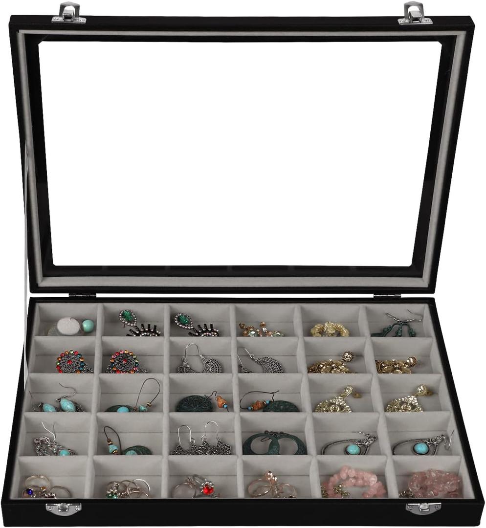 Stratalife Jewelry Organizer Earring Holder Jewelry Tray Earring Storage Organizer Display Rock Collection Box Jewelry Storage For Women Girls 30 Grid (Gray Black)