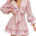AlvaQ Womens Dresses Spring Summer Knot Front V Neck Ruffles Long Sleeve Floral Print Swing Mini Dress (Large, Pink2)