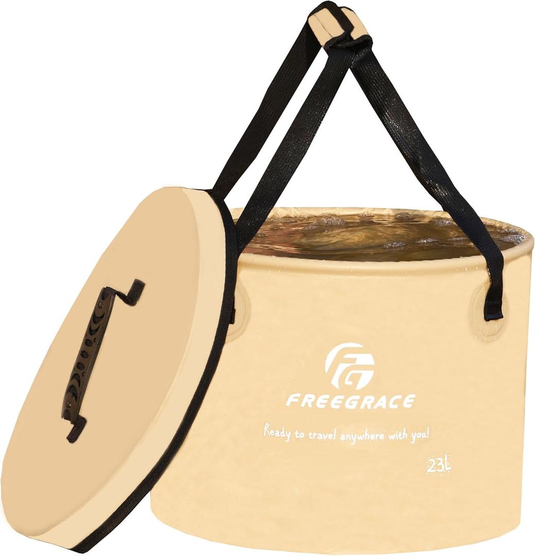Premium Collapsible Bucket by Freegrace - Compact Portable Folding Water Container - Lightweight & Durable - Includes Handy Tool Mesh Pocket (23L (Lid), Khaki(upgraded))