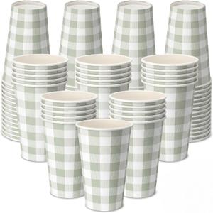 Tioncy 50 Pcs Green Gingham Paper Cups 12 oz Disposable Paper Coffee Cups for Tea Party, Coffee,Drinking, Water, Juice, Expresso, Hot and Cold Drink, Cocoa, Green Gingham Party Supplies Decoration