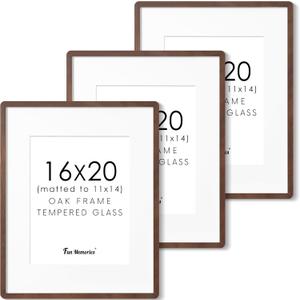 16x20 Picture Frame for Wall, Solid Oak Wood 16 by 20 Frames, 16 x 20 Poster Frame with Tempered Glass, 16x20 Frame Matted to 11x14, 16"x20" Wood Frame for Home Decor, Walnut Color, 3 Pack (Walnut, Round Corner)