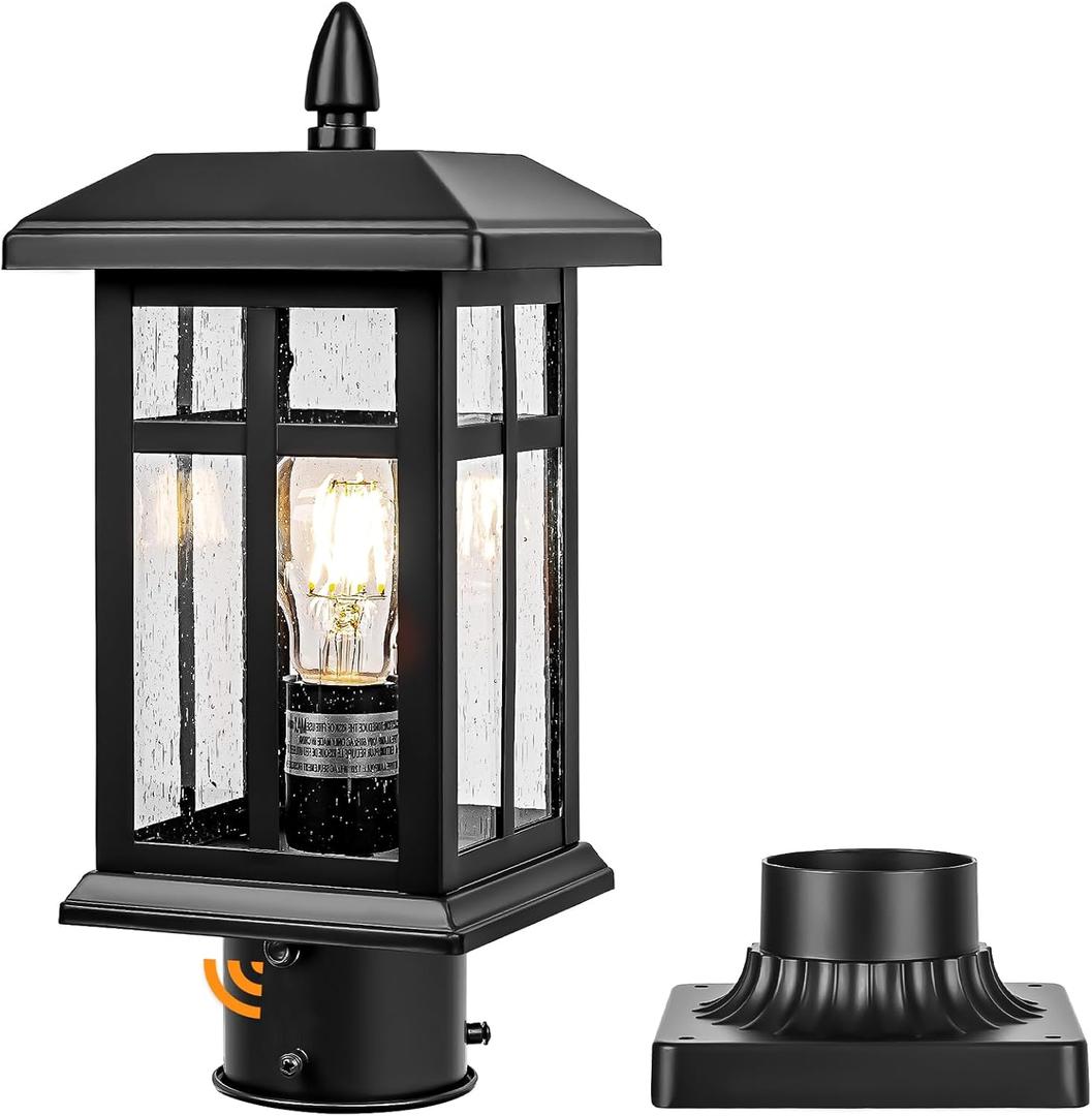 Brilvibera Dusk to Dawn Black Outdoor Post Light Fixture, Pole Lamp with Pier Mount, Waterproof Exterior Lamp Post Lantern for Yard, Driveway, Path, Black