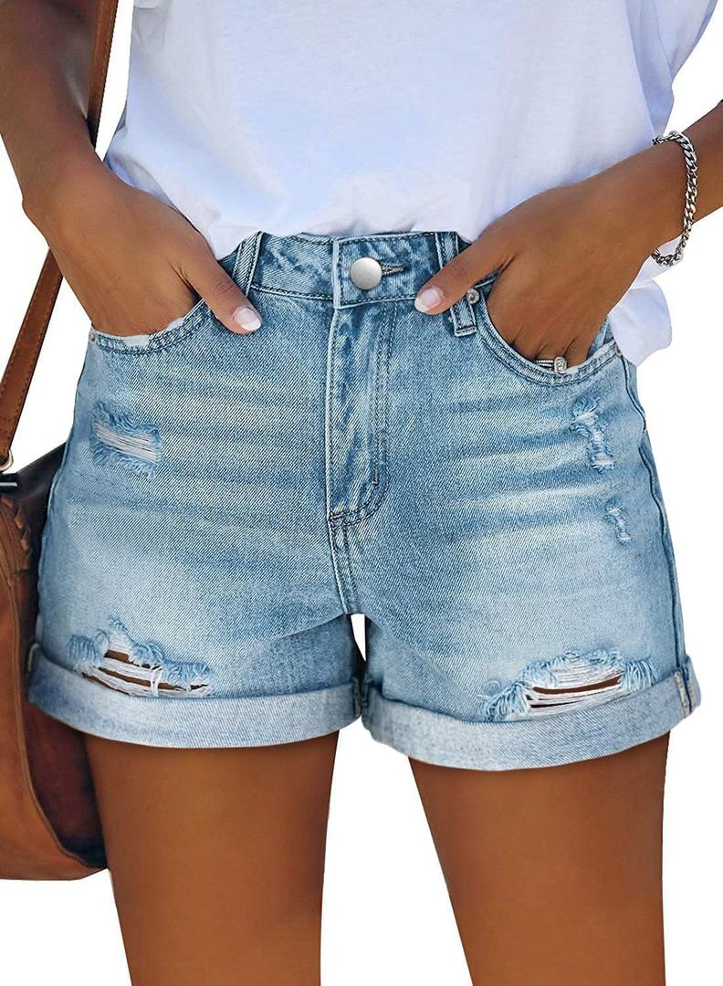 KISSMODA Denim Shorts Women Trendy Button Summer Cut Off Short Womens Jean Shorts High Waisted Denim Hot Ripped Shorts (Medium, A-light Blue)