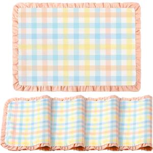 Frienda Set of 4 Easter Placemats 14 x 20 Inch Linen Pastel Gingham Washable Placemat Blue Pink Yellow Buffalo Plaid Table Mats Farmhouse Spring Easter Table Mat for Kitchen Dining Home Decoration