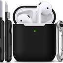 R-fun Compatible with AirPods Case Cover, Soft Silicone Protective Cover with Keychain for Women Men Compatible with Apple AirPods 2nd 1st Generation Charging Case, Front LED Visible,Black