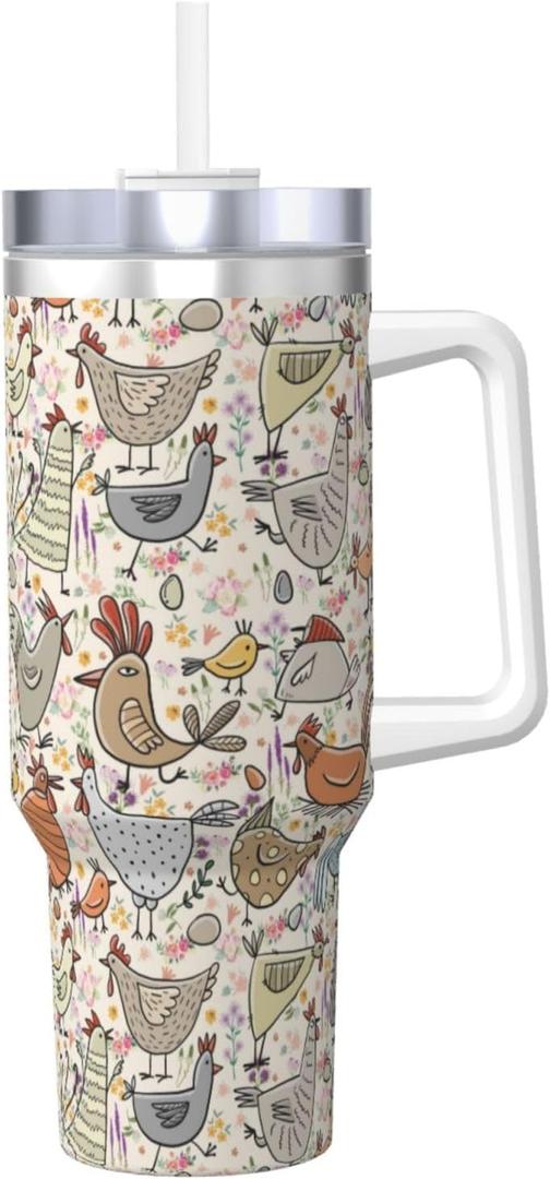 Chicken Gifts for Women 40Oz Chicken Tumbler Chicken Stuff For Chicken Lovers Stainless Steel Insulated Cute Bottle Cup Mug for Hot or Cold Drinks Mother's Day Birthday Gifts for Women Men Mom, Beige