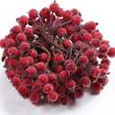 100 Wired Stems of Artificial Holly Berries Artificial Flower Decor 200 Pack 12 mm Mini Christmas Frosted Fruit Berry (Dark Red)