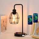 Industrial Dimmable Table Lamps, Modern Black Bedside Lamp with USB A+C Outlet Charging Ports, Farmhouse Lamp with Metal Cage Shade for Bedroom, Office, Living Room, Bulb Included