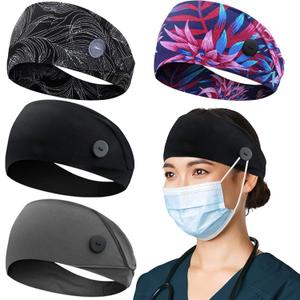 ABAMERICA Headbands with Button for Mask, Wide Nurses Headbands Non Slip Elastic Ear Protection for Women Men Doctors Sweatband Headband (B24- BUTTON- 4 PACK Color Mixture)
