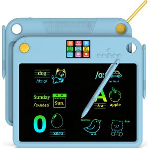 Multifunctional LCD Writing Tablet for 4-9 Kids Dual-Screen Pad9 Learning Themes Charging Erasable Board with Extra Stylus Lock Switch,Educational Learning Toys Birthday Gifts for Girls Boys (Blue)