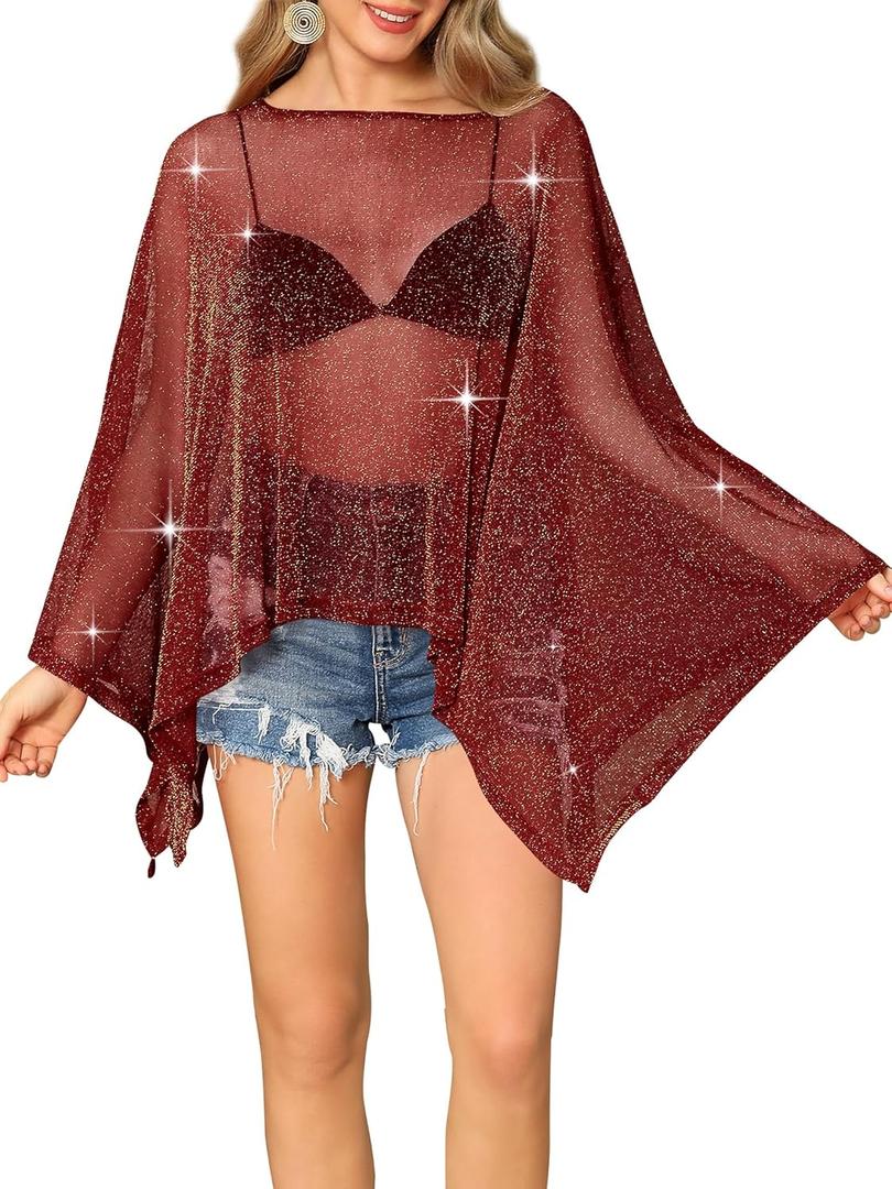 Womens Sparkly Sheer Poncho Top Glitter Mesh See Through Poncho Shawl Batwing Sleeve Asymmetrical Cape Tops Party Club Outfit (One Size, Wine Red(no Bra))