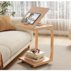 KASLANDI C Shaped Table for Couch, C Table with Wheels,Wooden Couch Table Adjustable Desktop for Living Room,Bedroom - Natural Color