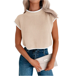 Disamer Womens Summer Cropped Sweater Vest Trendy Cap Sleeve Crop Tops Crew Neck Loose Knit Tank Top Apricot S