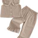 Thorn Tree Girls Summer Outfits Ruffle Sleeve Button Up Dress Tops Plaid Linen Pants Spring Toddler Girl Clothes