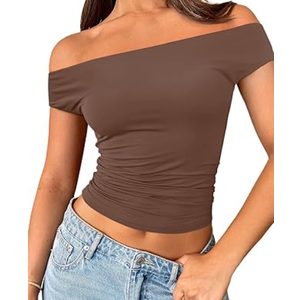 Trendy Queen Off The Shoulder Tops for Women Going Out Y2K Summer Cute Shirts Sexy 2025 Double Lined Spring Club Outfits Brown M