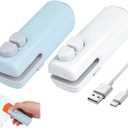 Mini Bag Sealer with Cutter and Magnet, 3-in-1 Rechargeable Magnetic Food Sealer & Cutter, USB Portable Handheld Heat Sealing Tool for Snacks, Chips, Vegetables to Keep Food Fresh (White+Blue,2PCS)