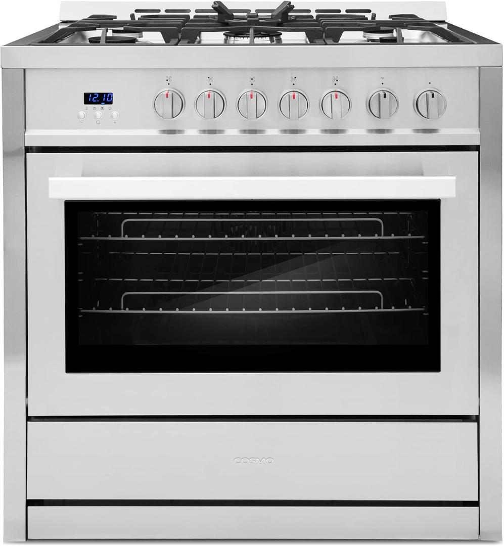 COSMO COS-965AGC 36 in. Gas Range with 5 Burner Cooktop, 3.8 cu. ft. Capacity Rapid Convection Oven with 5 Functions, Heavy Duty Cast Iron Grates in Stainless Steel, 36 inches