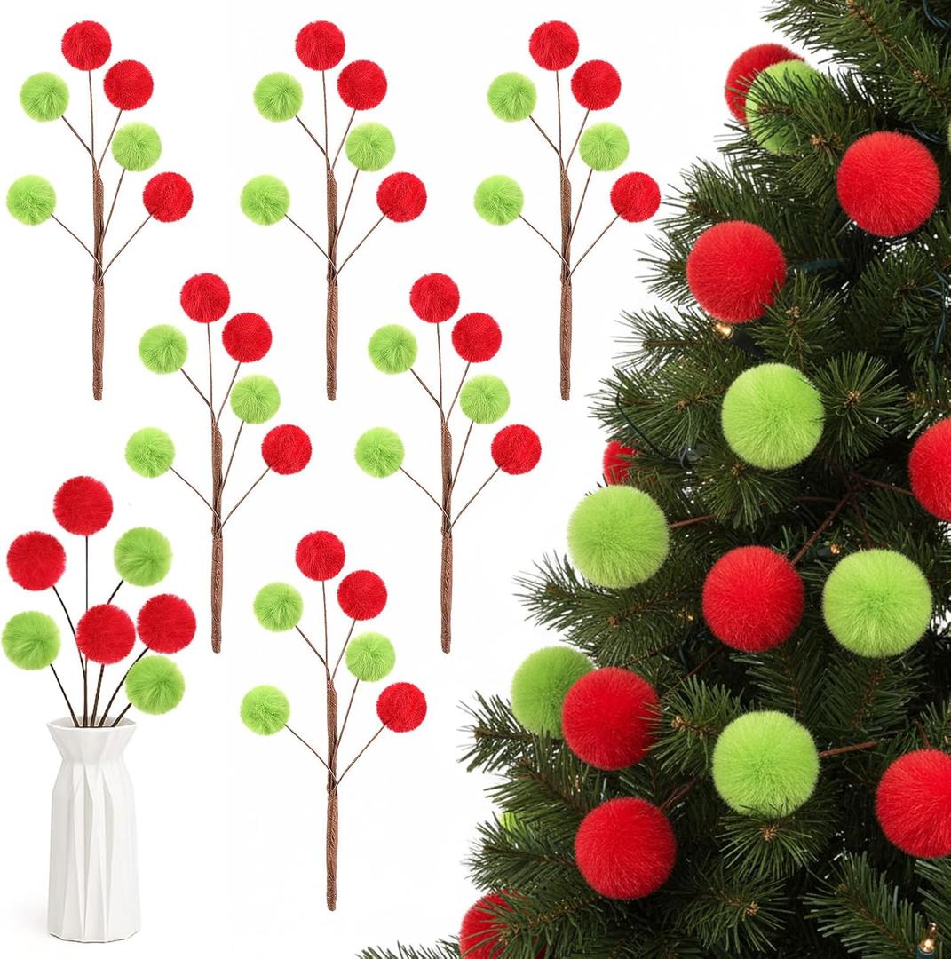 Pinkunn 6 Pcs Furry Christmas Picks, 12" Christmas Tree Decoration Plush Berry Stems Xmas Ornament Artificial Branches for Tree Topper Holiday Wreath Crafts Home Decoration(Red,Green)