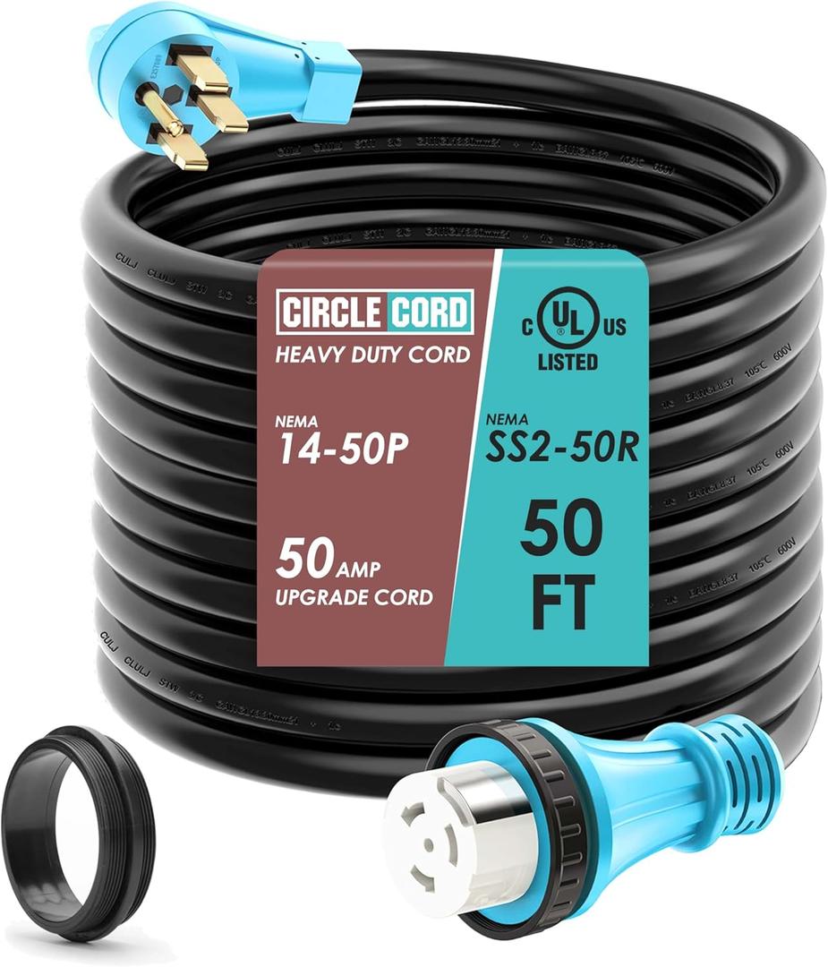 CircleCord UL Listed 50 Amp 50 Feet RV/Generator Cord with Locking Connector, Heavy Duty 6/3+8/1 Gauge STW Wire, 14-50P Male and SS2-50R Twist Locking Female for RV Camper and Generator to House