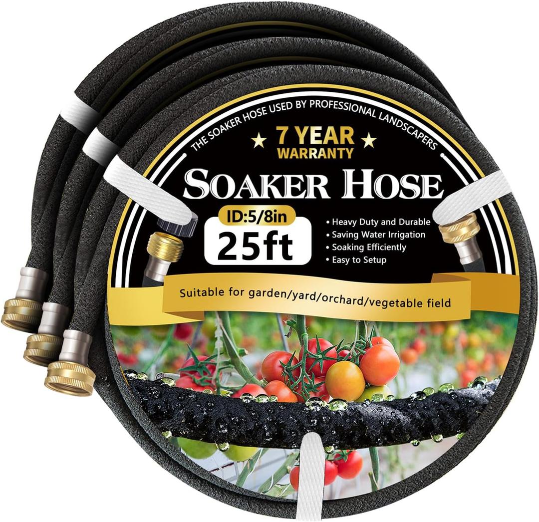 Hopegiver 5/8 Soaker Hose 25 ft 3 Pack, Heavy Duty Garden Soaker Hoses with Solid Brass Fitting, Rubber Drip Hose for Garden Beds, Vegetable, Lawn, Trees Watering Irrigation (75 ft) (Black)