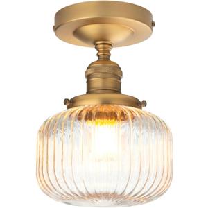 PERMO Small Semi-Flush Mount Ceiling Light Flat Ribbed Glass Shade, Antique Gold Finish, Modern Hallway Lighting Fixture