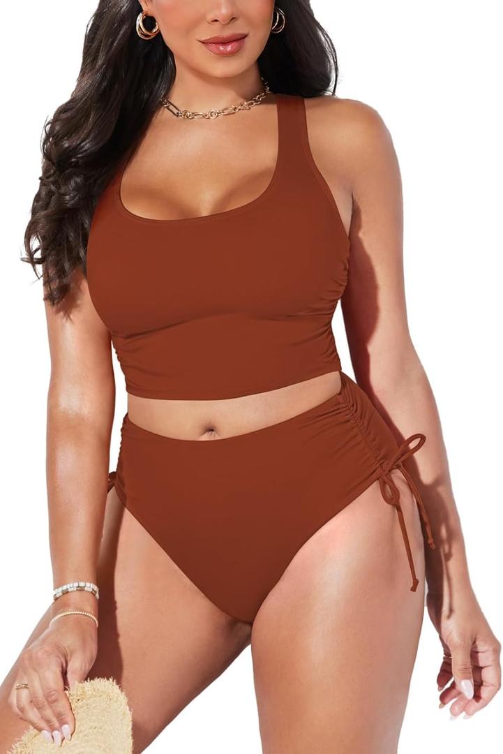 Pink Queen Women's Scoop Neck Racerback Ruched Crop Top High Waisted Bikini Sets 2 Piece Swimsuit Bathing Suit (XL, Caramel)