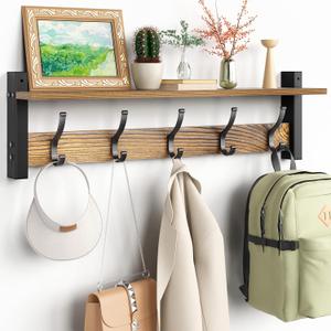 Optish Coat Rack Wall Mount with Shelf, 24 Inch Coat Hanger Walls Mounted, Hat Rack for Walls, Shelf with 5 Coat Hooks, Wall Hanger for Entryway (Brown)