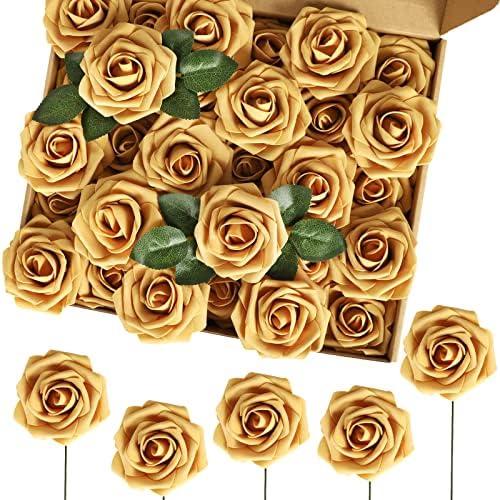 MACTING 60PCS Artificial Flower Roses Real Touch Fake Flowers with Stem Foam Roses for DIY Wedding Bridal Bouquet Table Centerpieces Party Wreath Home Mothers Day Decorations(Gold Yellow)