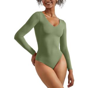 SUUKSESS Women V Neck Double Lined Bodysuit Sexy Long Sleeve Thong Bodysuit Shirts (Small, 02 Army Green)