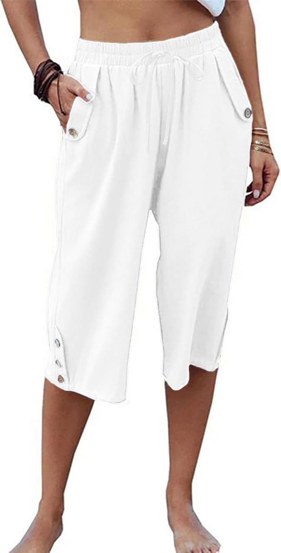 Larmliss Womens Casual Capri Pants Elastic Waist Solid Color 3/4 Wide Leg Summer Trousers with Pockets, XX Large