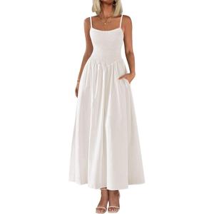 PRETTYGARDEN Women's Smocked Maxi Dresses 2025 Summer Beach Sundress Casual Spaghetti Strap Swing A Line Long Flowy Dress (Medium, White)