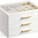 GUOER Jewelry Box for Women, Glass Lid Jewelry Organizer with 3 Drawers PU Jewelry Storage Case for Necklaces Rings Earrings Bracelets, Mother's Day, White