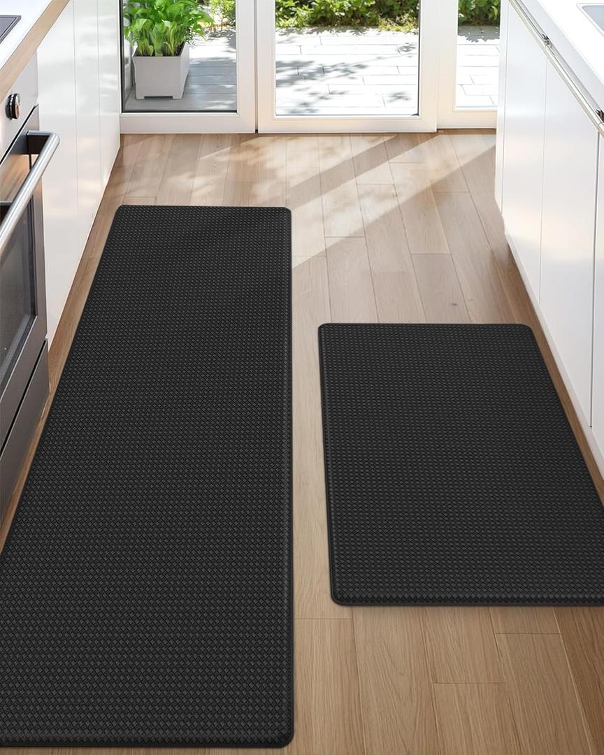 Color&Geometry Anti Fatigue Cushion Padded Kitchen Mat for Floor - 17x29+17x59, Easy Clean, Waterproof & Oil Proof, Anti Slip, Foam Rubber Runner Rug for Front Sink Comfort Standing, Black Set of 2