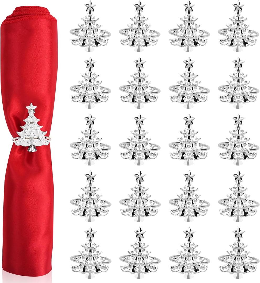 RETON 20 PCS Christmas Napkin Rings Set, Christmas Tree Napkin Holders for Xmas, Christmas Tree Napkin Buckle for Wedding Holiday, Table Decoration, Party Supplies Thanksgiving Dinner (Silver, 5cm)